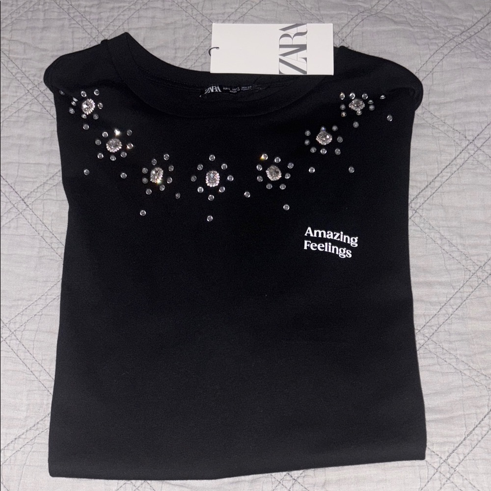 Zara Black Short Sleeve Tee with Elegant Embellishments